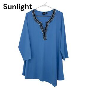 Rafaella Womens Silver Beaded Tunic Top SZ XL Blue Stretch Polyester V-Neck